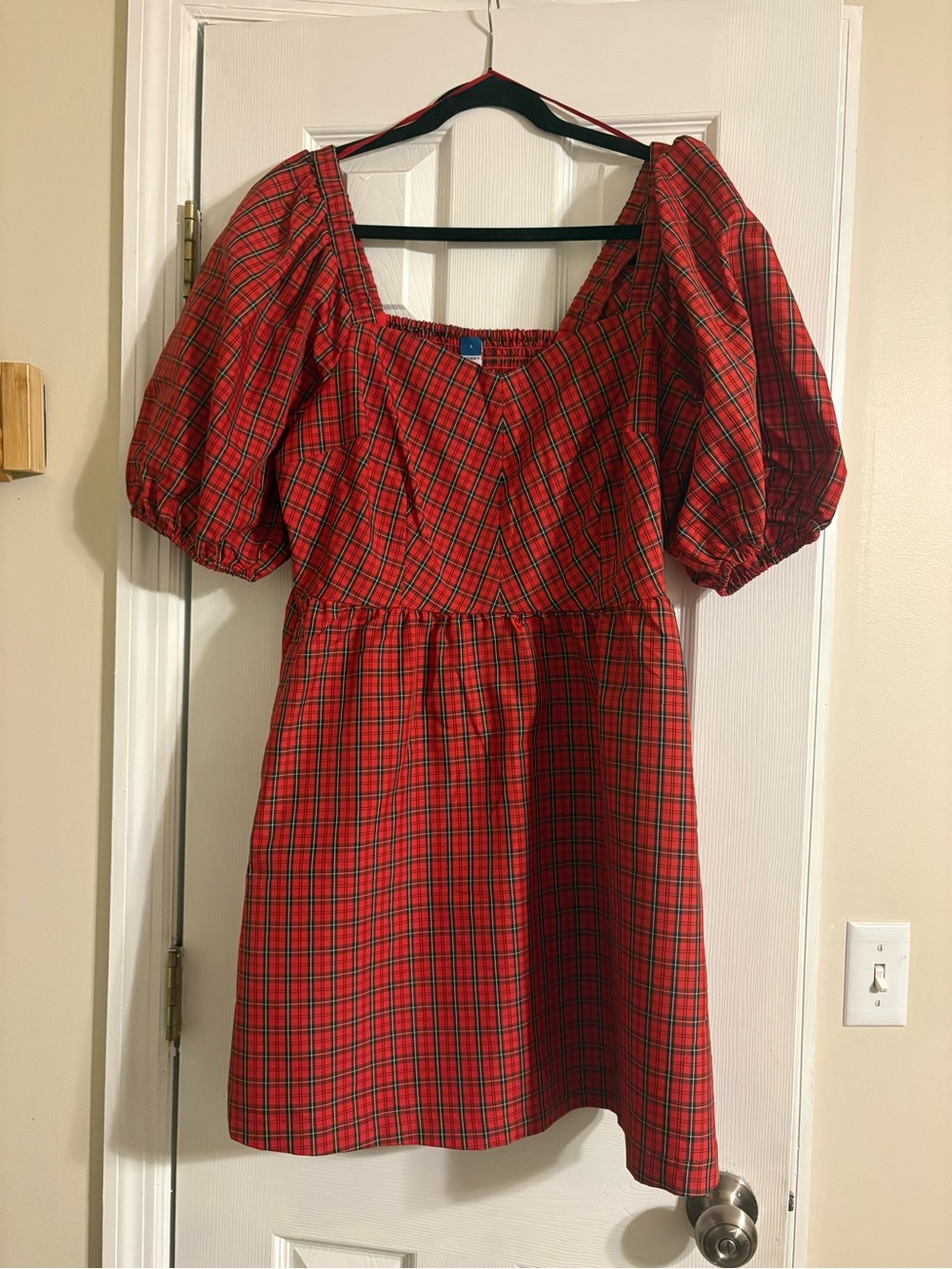 Red Plaid Puff Sleeve Mini Dress